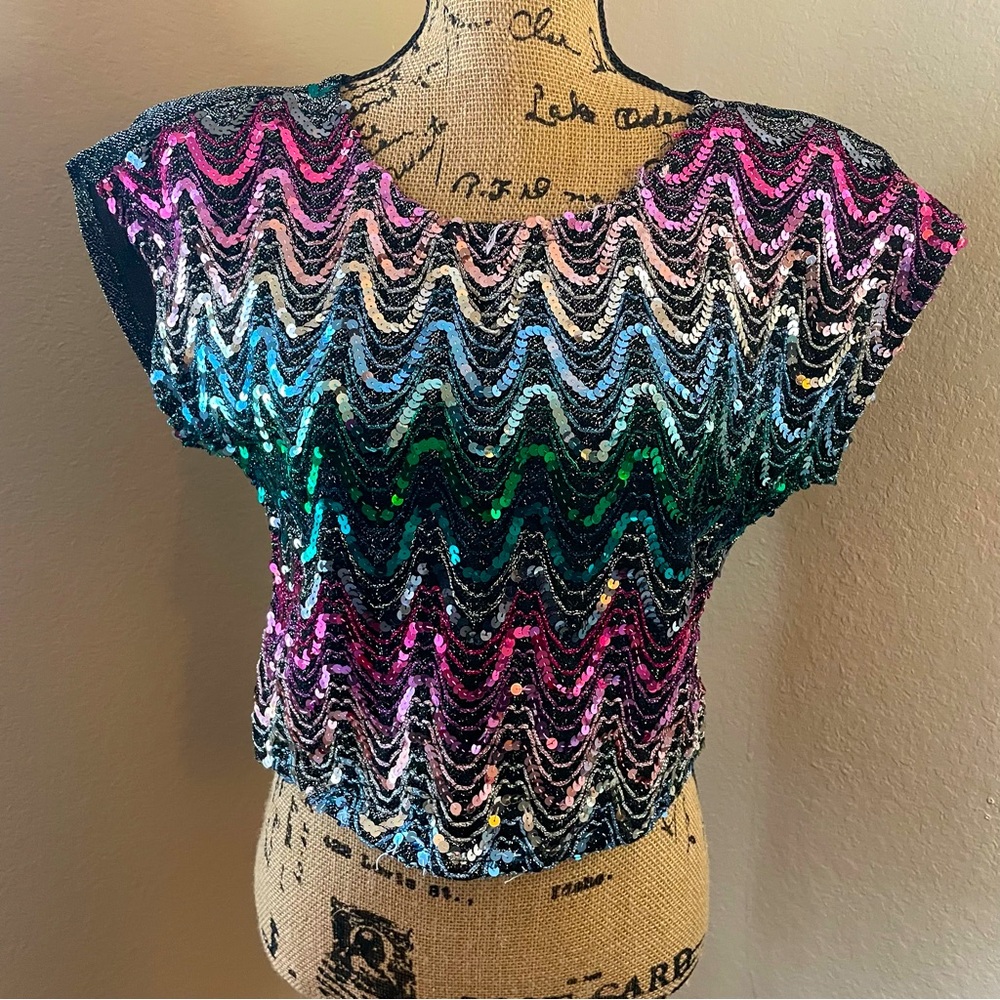 VINTAGE : Multi-Colored Sequined Crop Top